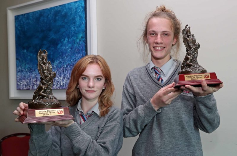 REPRO FREE. 22/05/2018 Erin Nic Suibhne, 5th Year Student of the Year and Andrew MacChoitir, 2nd Year Student of the Year, with their awards. Colàiste Daibhèid Annual Awards, Gradaim na Scoile, at the Clayton Hotel Cork City, Lapps Quay, Cork. Picture: Jim Coughlan.